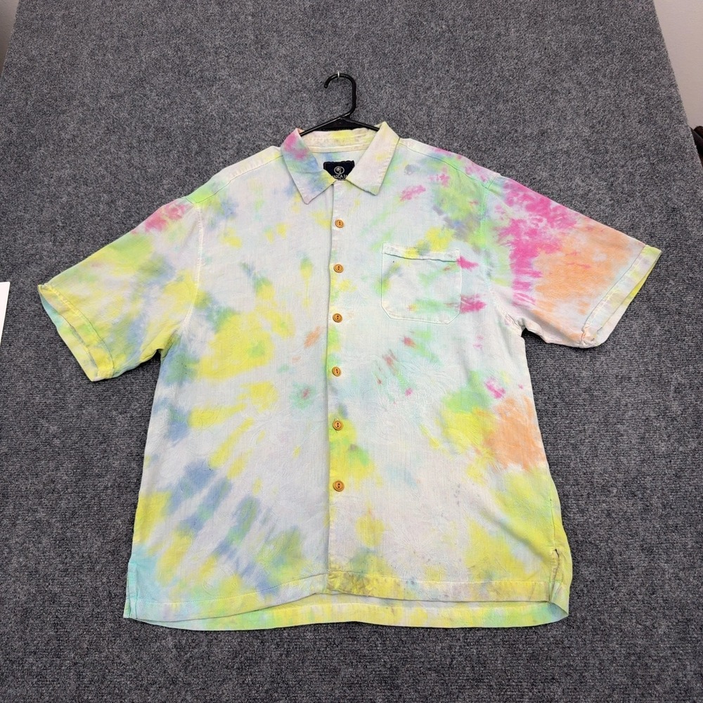 Jamaica Jaxx Button Up Shirt Mens L Multi Silk Jacquard Pineapple Tie Dye Retro